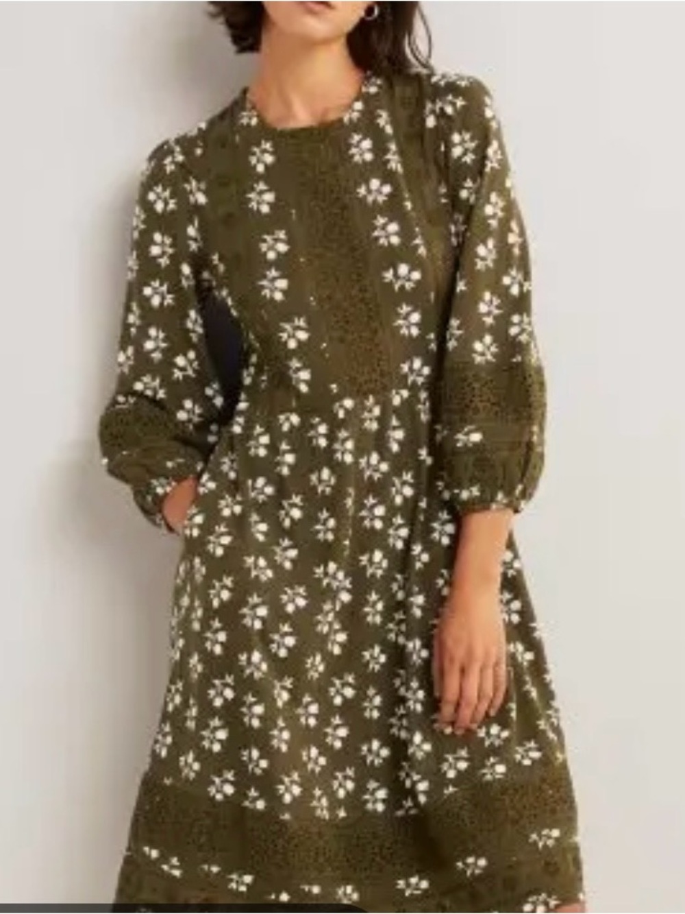Boden Olive Green Floral Eyelet Puff-Sleeve Dress